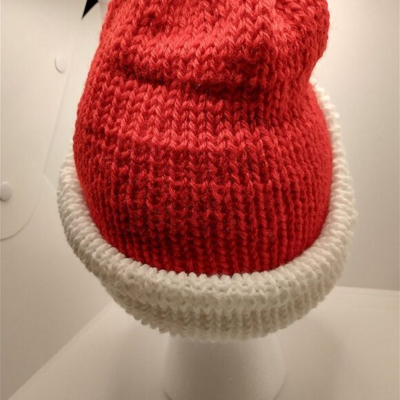 Hand Crafted Knit Unisex Hat Red White Winter Warm Beanie Slouchy Ski Cap - Picture 3 of 10